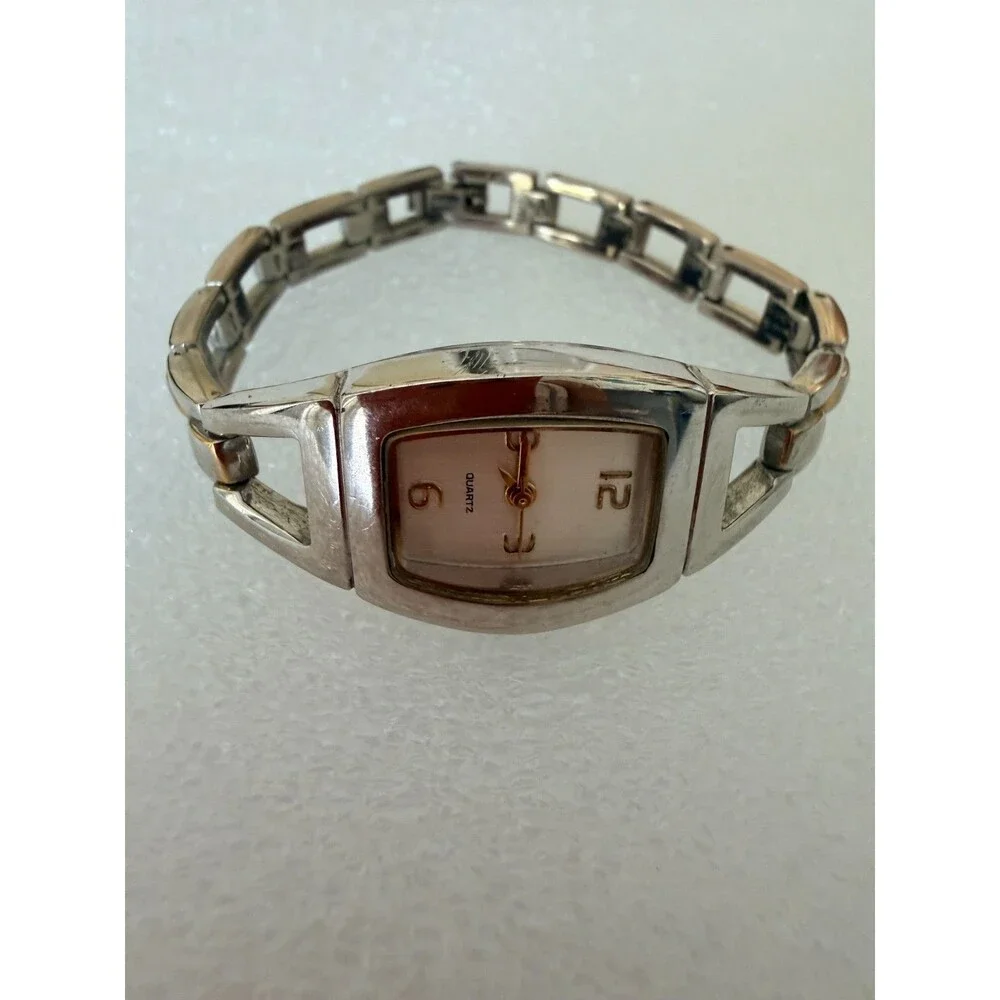 Vintage Silver Tone Open Link Bracelet Watch Gold Accent Japan Movt V377